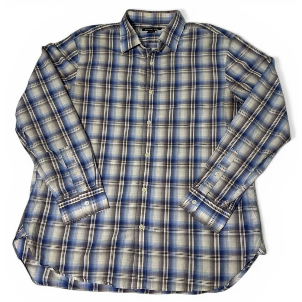 Michael Kors Button Up Shirt Mens Large Blue Plaid Long Sleeve Casual